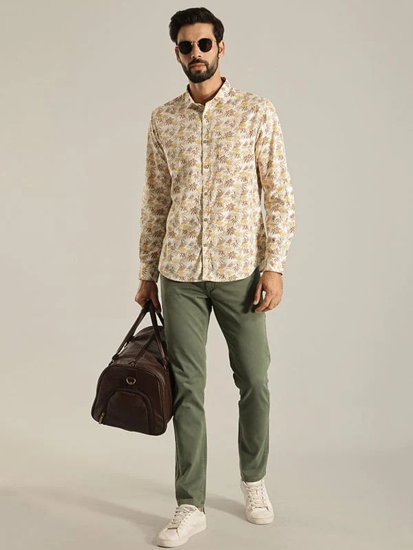 Indian Terrain Men's Slim Fit Full Sleeve All Over Print Beige Shirt